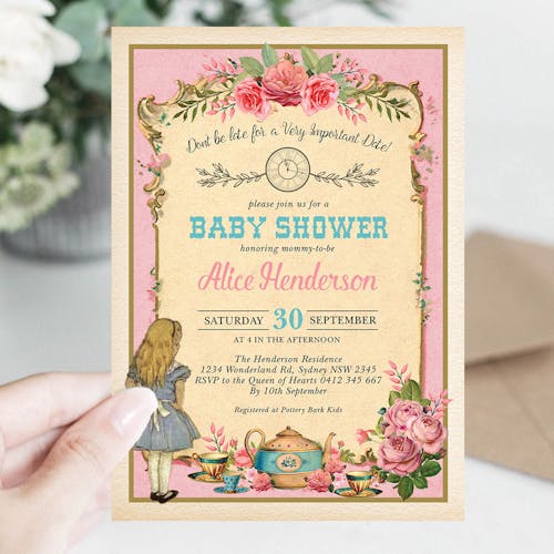 Alice Wonderland Pink Baby Shower Invitation