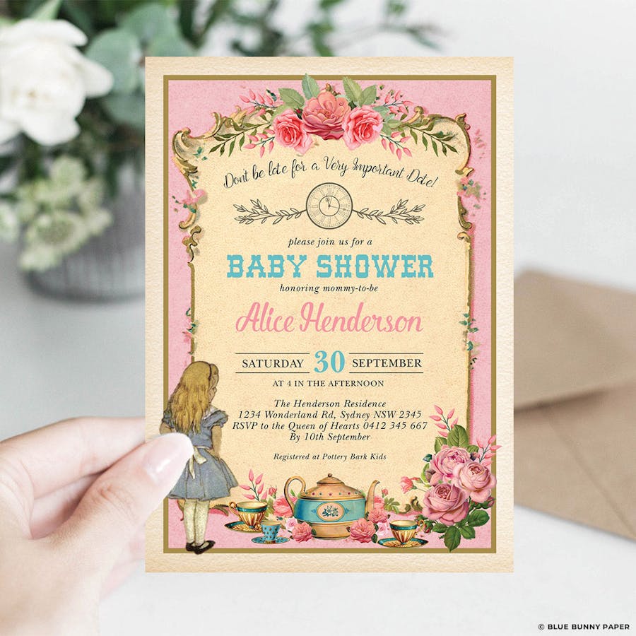 Alice Wonderland Pink Baby Shower Invitation