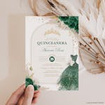 enchanted forest themed quinceanera invitation held in one hand thumbnail image
