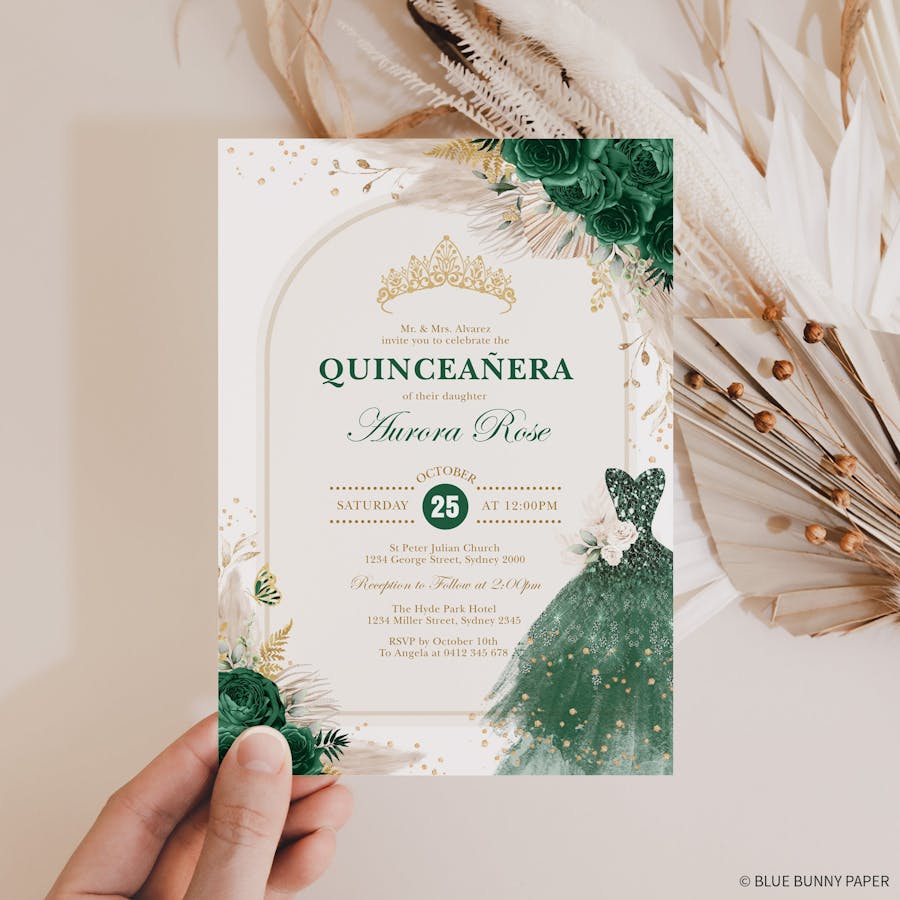 enchanted forest themed quinceanera invitation held in one hand