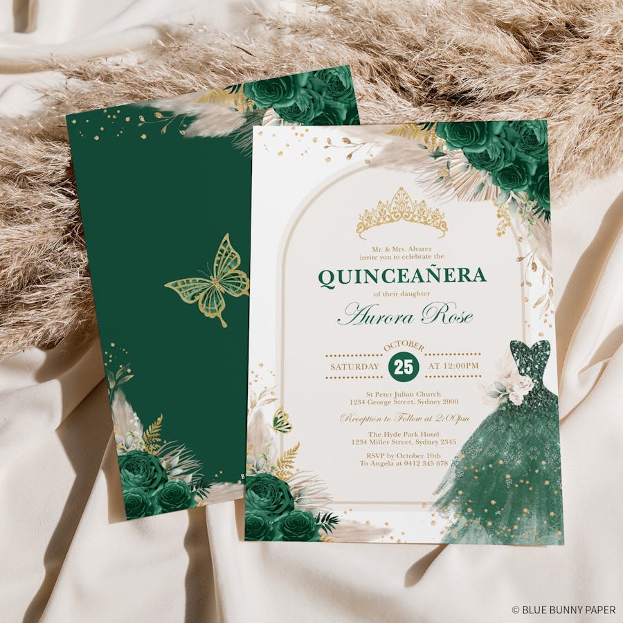 Emerald Green Quinceañera Invitations with Backside
