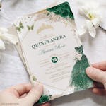 Emerald Green Quinceañera Invitations held in two hands thumbnail image