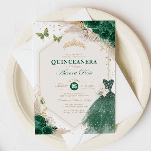 Emerald Green Quinceañera Invitation