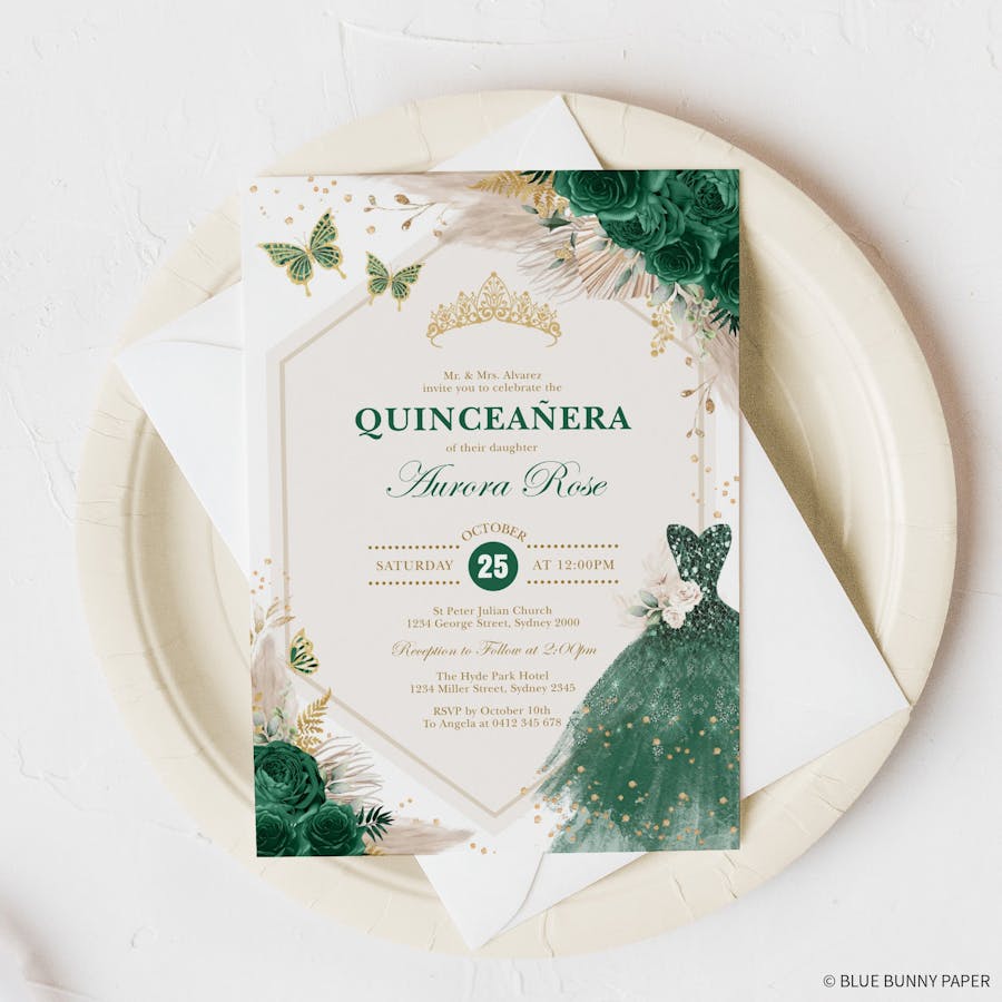 Emerald Green Quinceañera Invitation