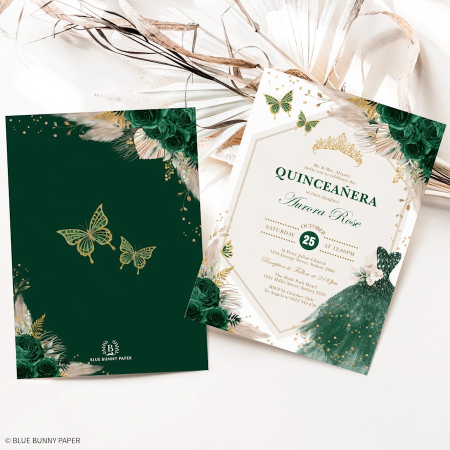 Emerald Green Quinceañera Invitation and Backside