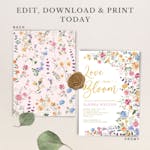 editable front and backside of a wildflower themed bridal shower invitation thumbnail image