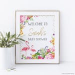 Flamingo Baby Shower Welcome Sign with a gold frame and a plant in a pot next to it thumbnail image