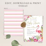 baby shower invitation and backside with flamingo design thumbnail image