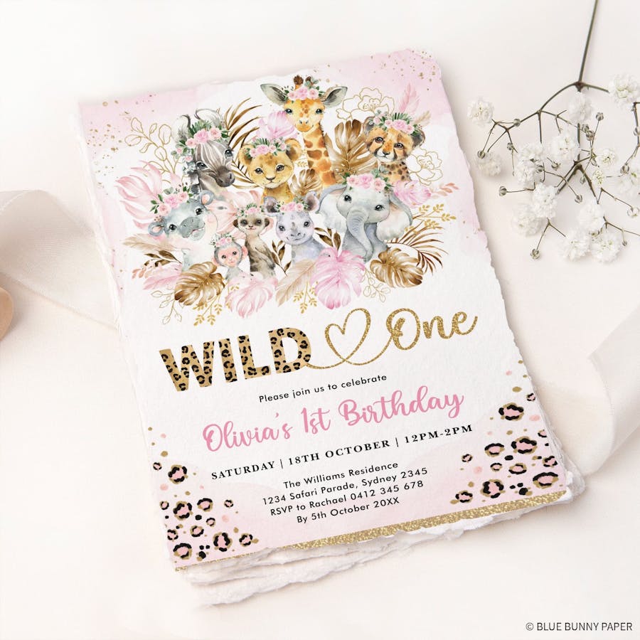 Wild One Pink Safari Birthday Invitation
