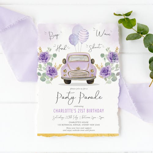 Purple Car Birthday Party Parade Invite