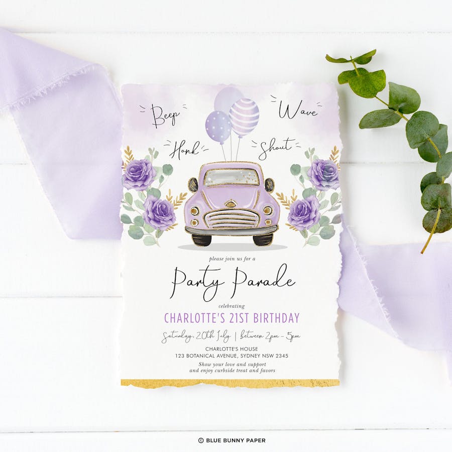 Purple Car Birthday Party Parade Invite