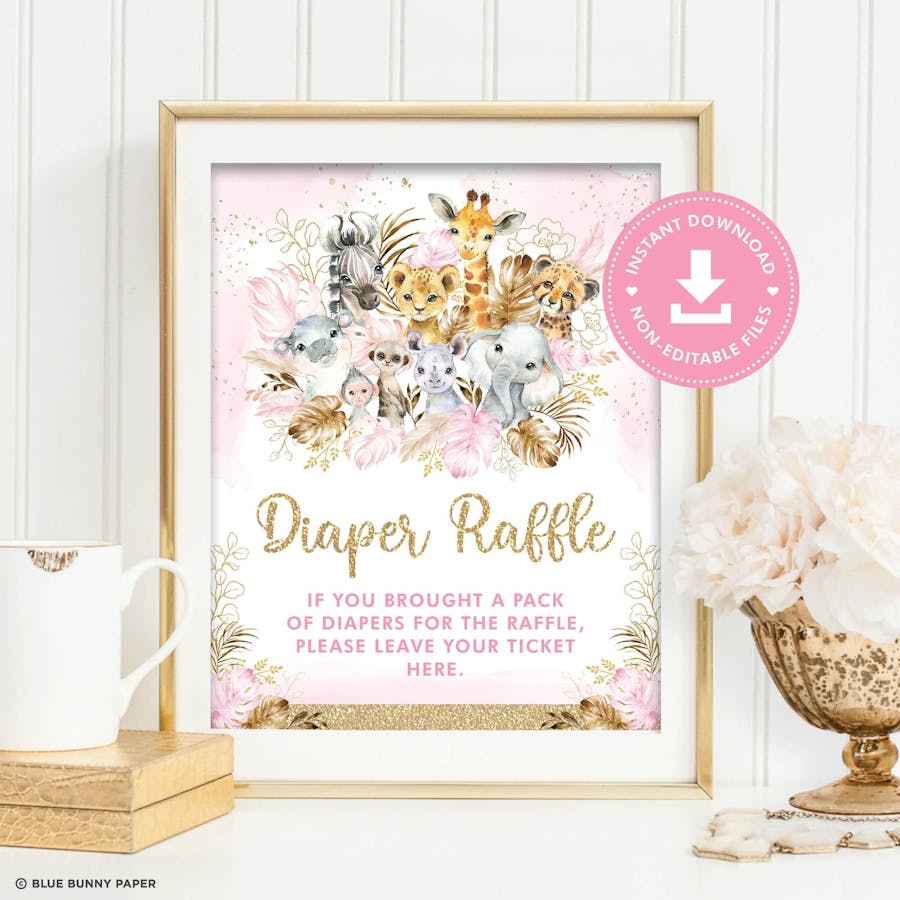 Printable Pink Safari Diaper Raffle Party Sign