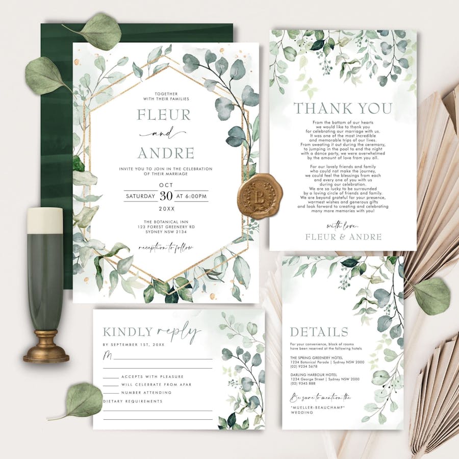 Greenery Digital Wedding Invitation Bundle