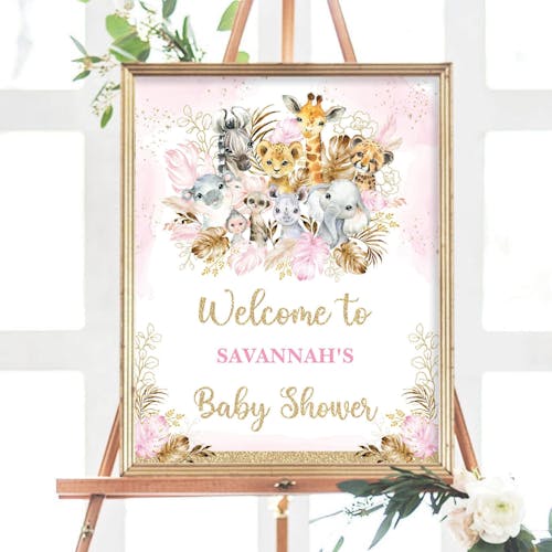 Pink Safari Baby Shower Party Welcome Sign