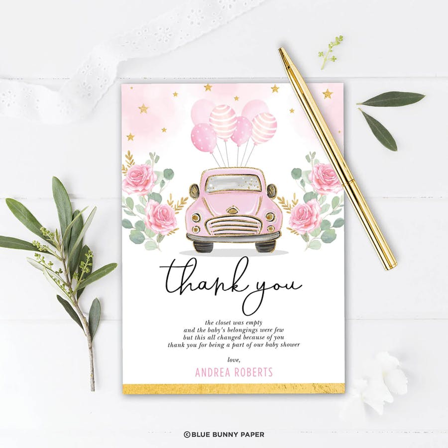 Pink Car Baby Shower Thank You Card
