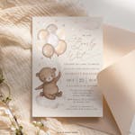 we can bearly wait invitation card with a bear holding balloons thumbnail image