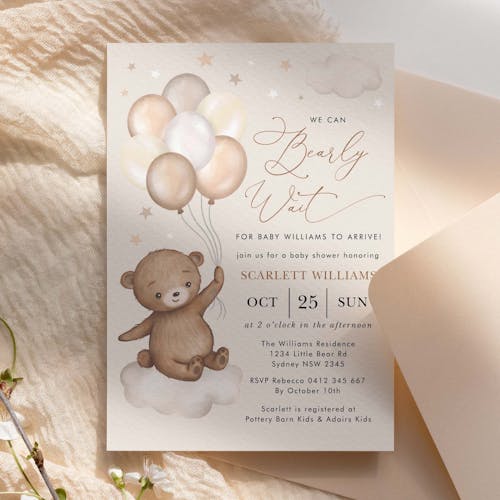 Teddy Bear with Balloon Baby Shower Invitation