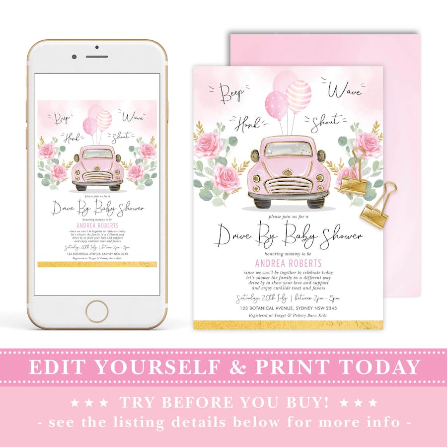 Pink Drive By Baby Shower Invite