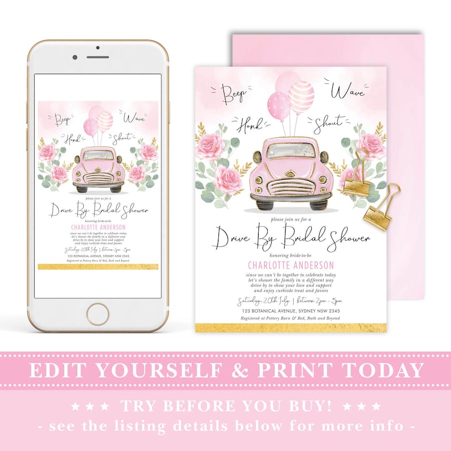 Pink Drive By Bridal Shower Invite