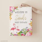 Flamingo Baby Shower Welcome Sign held with one hand thumbnail image