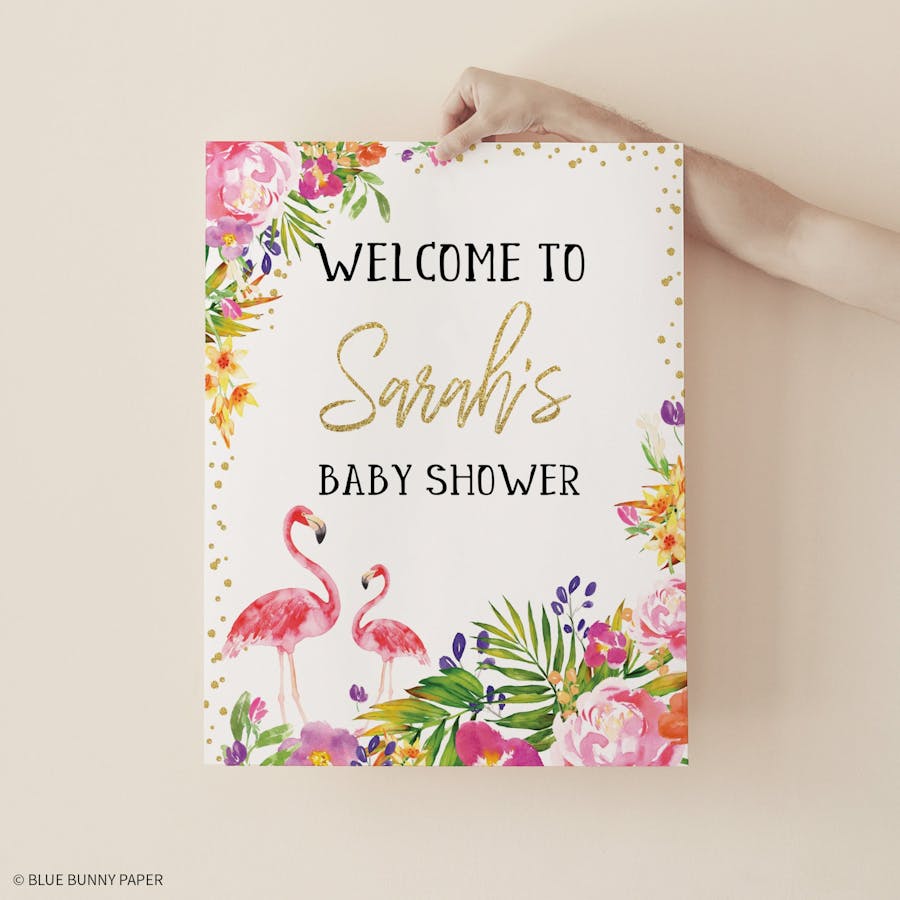 Flamingo Baby Shower Welcome Sign held with one hand