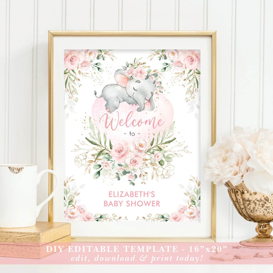 Girl Elephant Baby Shower Welcome Sign