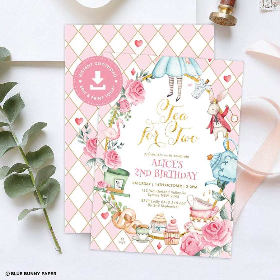 Alice in Wonderland Tea for Two Birthday Invitation