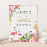 Flamingo Baby Shower Welcome Sign leaning on a wall with stones next to it thumbnail image