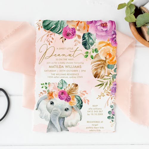 Flowers Elephant Baby Shower Invitation