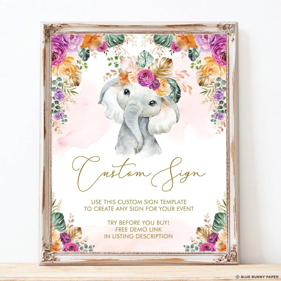 Flower Elephant Custom Party Sign