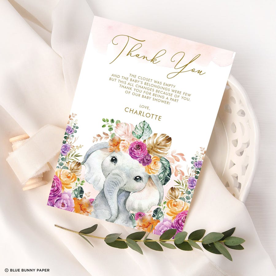 Flower Elephant Baby Shower Thank You Card