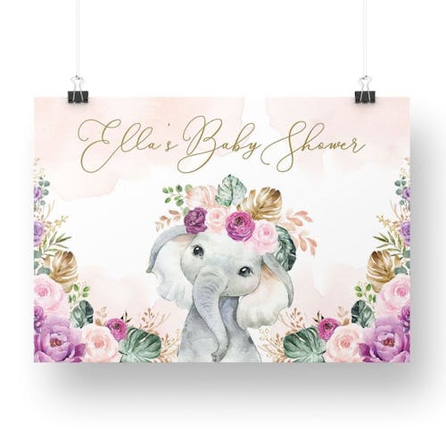 Elephant with Purple Flowers Party Welcome Backdrop