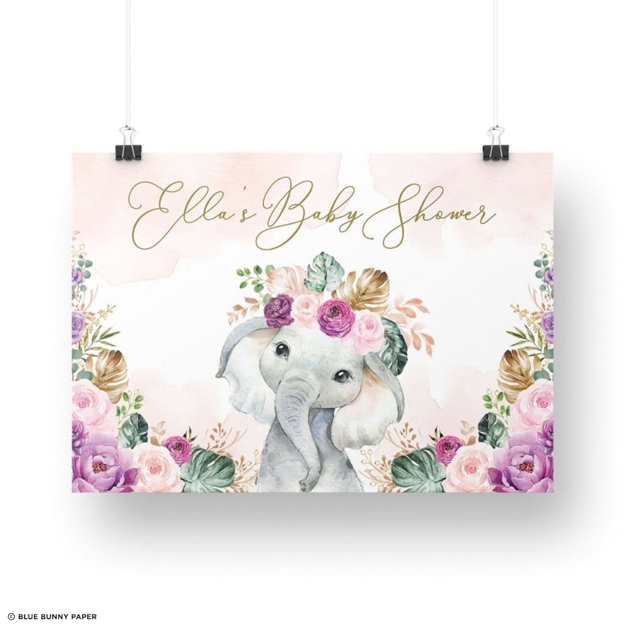 Elephant with Purple Flowers Party Welcome Backdrop