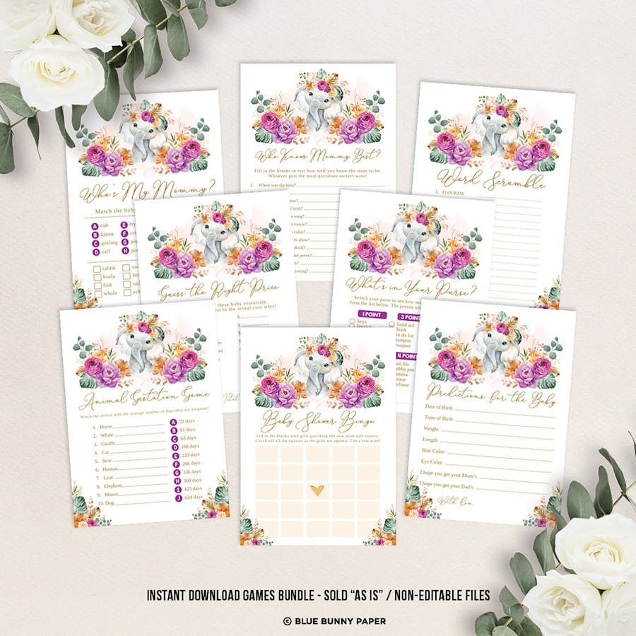 Flower Elephant Baby Shower Games Package