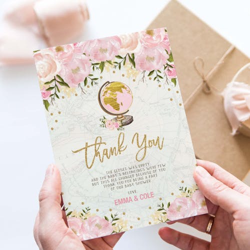 Pink Flower Travel Party Thank You Card