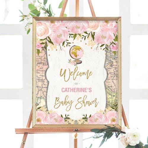 Travel Pink Flower Party Welcome Sign