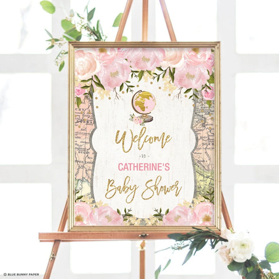 Travel Pink Flower Party Welcome Sign