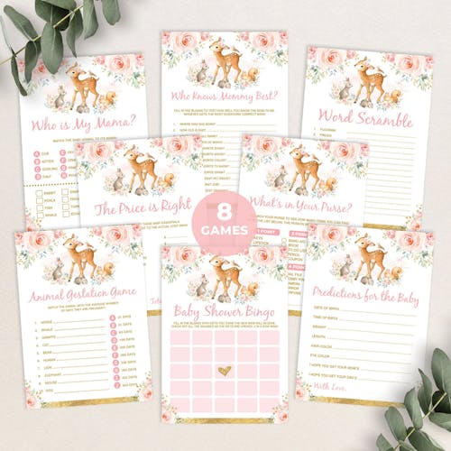 Girl Woodland Baby Shower Games Package