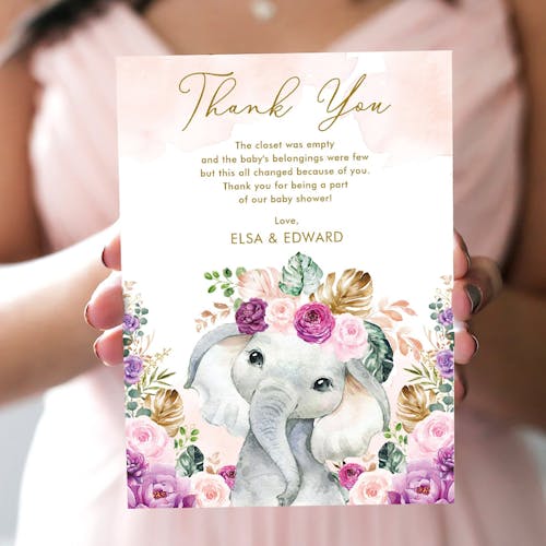 Purple Flowers Elephant Baby Shower Thank You Card