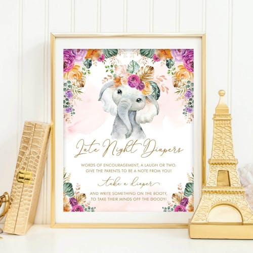 Flower Elephant Late Night Diapers Sign