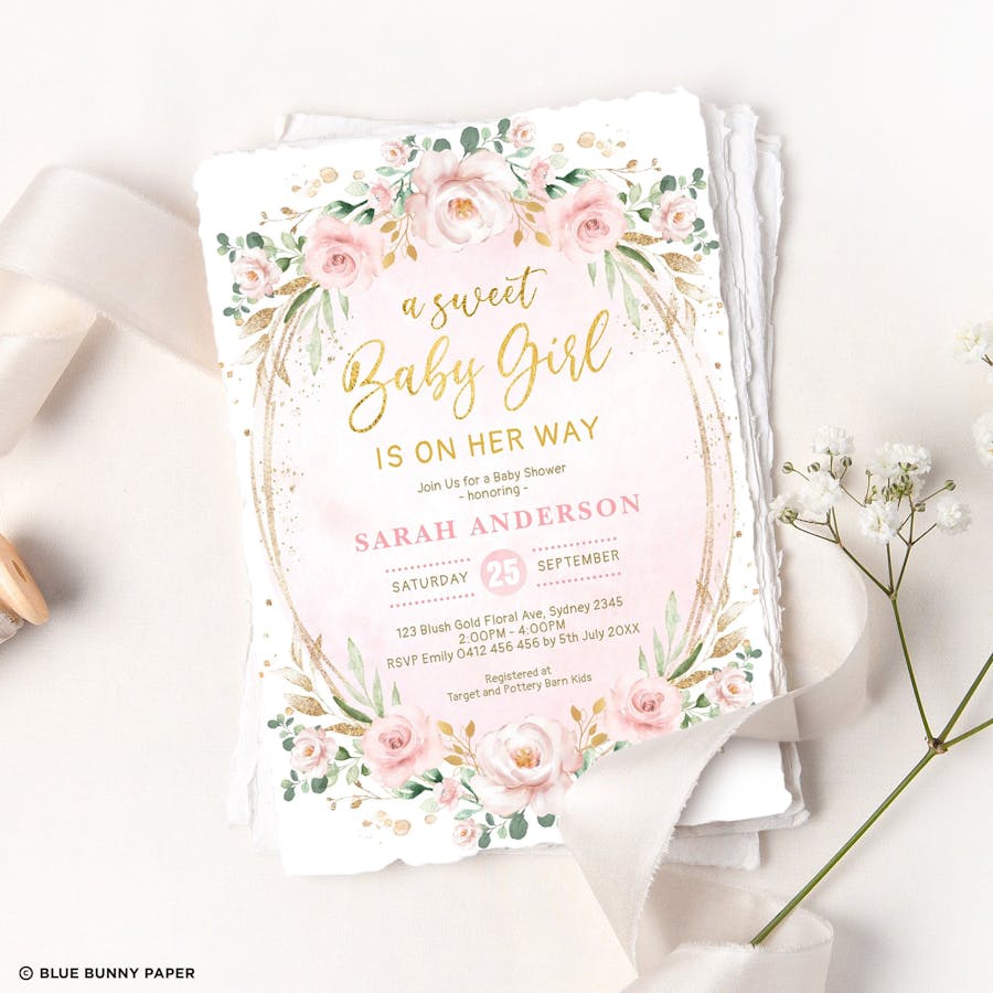 Pink Flowers Girl Baby Shower Invitation