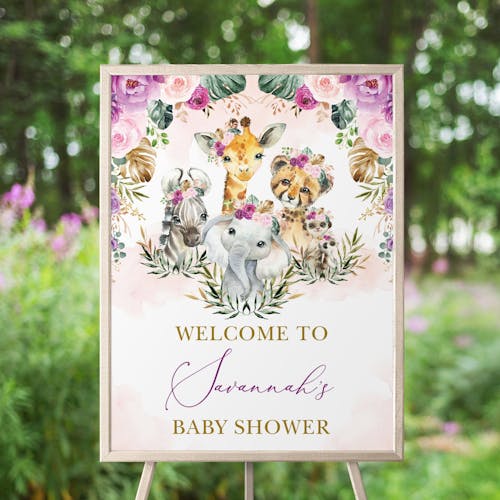 Jungle Animals Girl Baby Shower Welcome Sign
