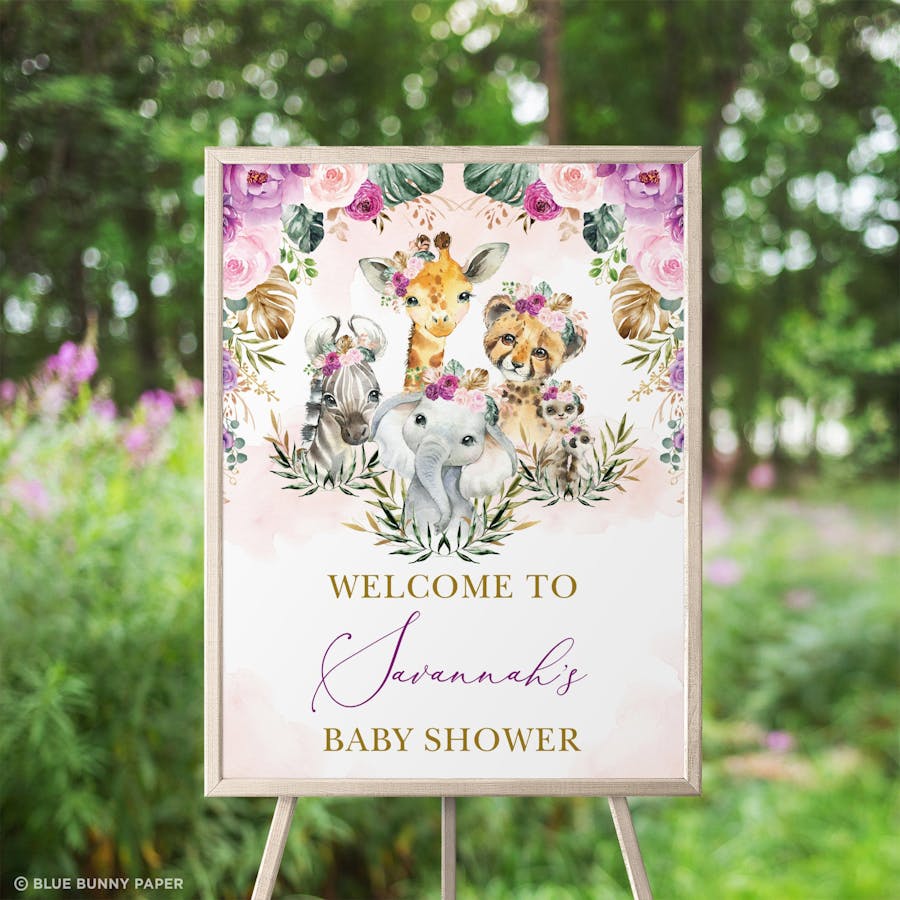 Jungle Animals Girl Baby Shower Welcome Sign