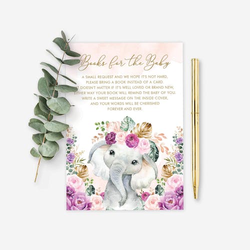 Purple Flowers Elephant Book for the Baby Insert Card