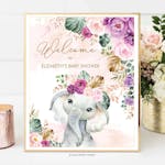 Purple Flowers Elephant Party Welcome Sign thumbnail image