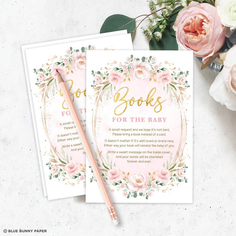 Pink Flower Girl Baby Shower Book Request Card
