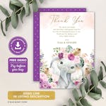 Purple Flowers Elephant Baby Shower Thank You Card thumbnail image