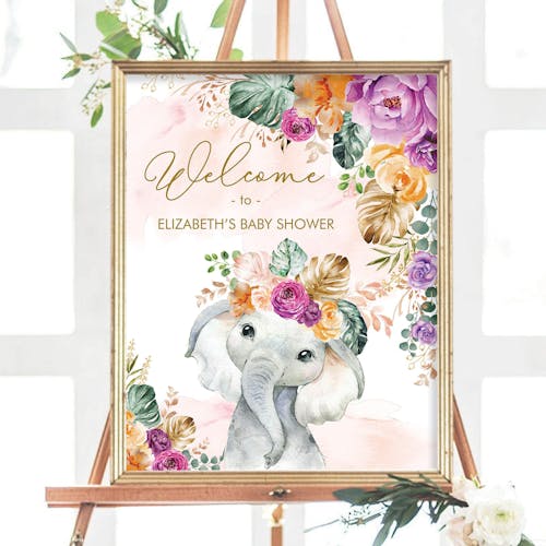 Flowers Elephant Party Welcome Sign
