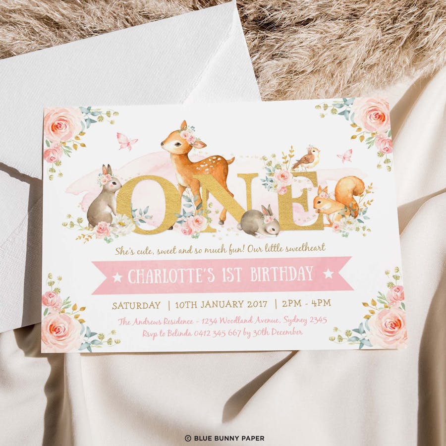 ONE - Girl Woodland First Birthday Invitation