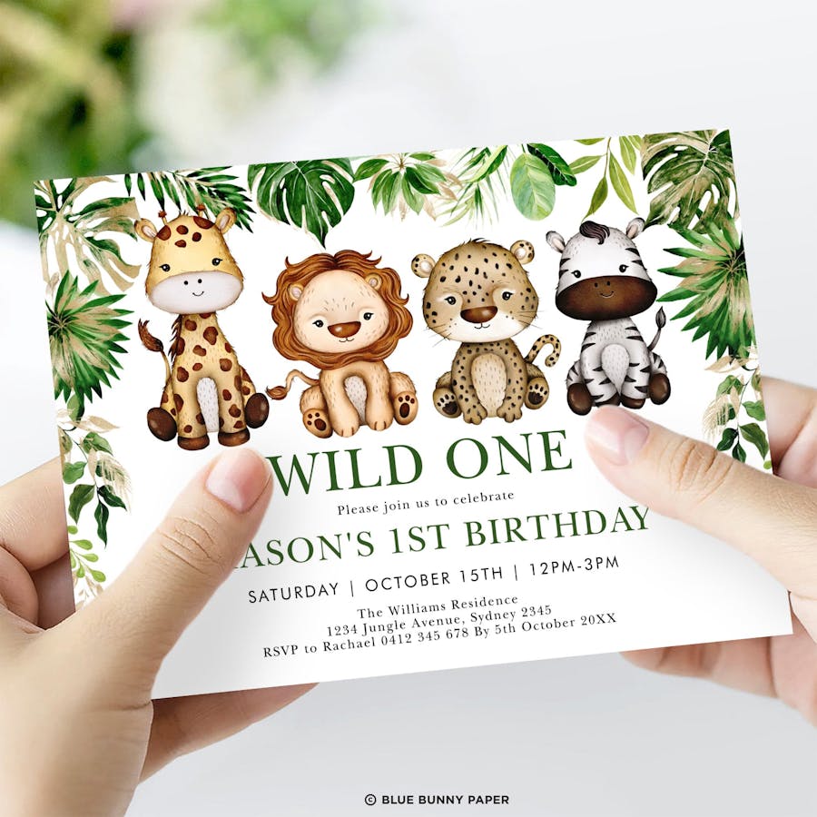 Wild Jungle 1st Birthday Invitations